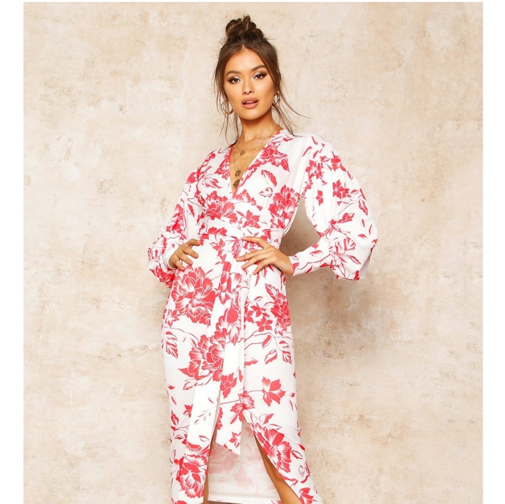 Red Floral Print Plunge Tie Waist Midi Party Dress